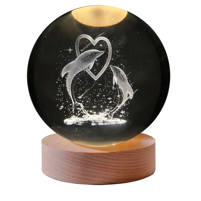 چراغ خواب مدل گوی کریستالی 3D طرح دلفین و قلب 101534788